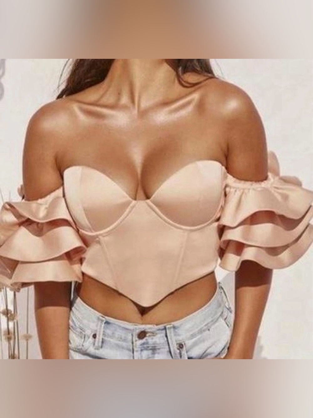 Oh Polly Peach Off-Shoulder Ruffle Corset Crop Top